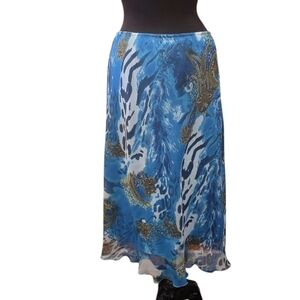 Vintage Large Mermaidcore Skirt  Blue and Gold Midi Skirt Leopard Fairy Y2K